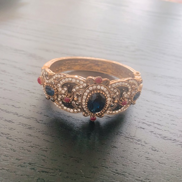 Jewelry - Dark Navy Blue Pink Ruby Stone Antique Rose Gold Bronze Bracelet Bangle Indian